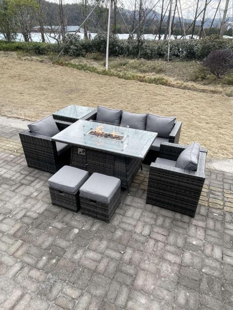 Fimous Outdoor PE Rattan Garden Furniture Gas Fire Pit Dining Table Armchairs With High Side Coffee Table 2 Stools in Dark Grey - image 1