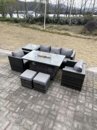 Fimous Outdoor PE Rattan Garden Furniture Gas Fire Pit Dining Table Armchairs With High Side Coffee Table 2 Stools in Dark Grey - thumbnail 1