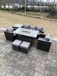 Fimous Outdoor PE Rattan Garden Furniture Gas Fire Pit Dining Table Armchairs With High Side Coffee Table 2 Stools in Dark Grey - thumbnail 3