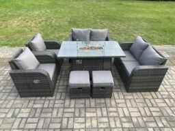 Fimous Rattan Outdoor Garden Furniture Sofa Set Gas Fire Pit Dining Table Gas Heater with Love Sofa 2 Small Footstool 8 Seater in Dark Grey - thumbnail 3
