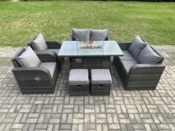 Fimous Rattan Outdoor Garden Furniture Sofa Set Gas Fire Pit Dining Table Gas Heater with Love Sofa 2 Small Footstool 8 Seater in Dark Grey - thumbnail 1