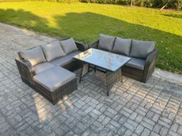 Fimous 7 Seater Garden Furniture Sofa Set Rectangular Dining Table Big Footstool Indoor Outdoor Rattan Set Dark Grey Mixed - thumbnail 1