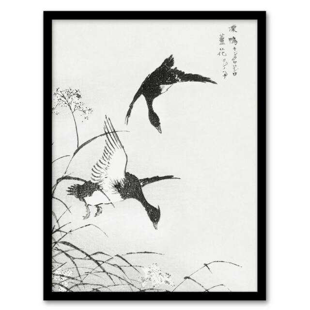 Artery8 Tufted Duck & Reed Flower Japanese Vintage Framed Wall Art Print Kashu - Size: A4 - image 1