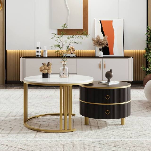 BTM 2-in-1 Round Coffee Table Set, Glossy & Marble Top with 2 Drawers in Black - image 1