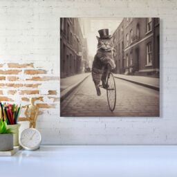 Warren Reed - Designer Victorian Cat Riding A Bike Canvas in Black - Size: w10 inch x h10 inch - thumbnail 1