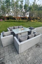 Fimous Rattan Set Gas Fire Pit Dining Set Heater Burner Lounge Sofa Chairs in Light Grey - thumbnail 3