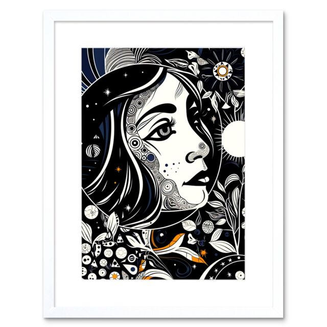 "Artery8 Wall Art Print Moon & Sun Tarot Card Style Love Story Night Boho Plant Patterns Artwork Framed 9X7 Inch in White - Size: W7"" x H9""" - image 1
