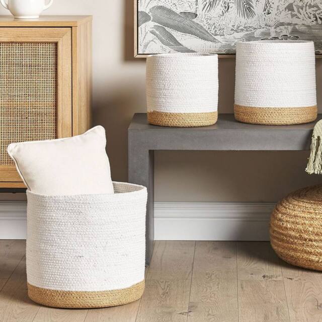 Wyld and Coco Boho Cotton Jute Storage Baskets Set of 3 White Natural in Beige - image 1