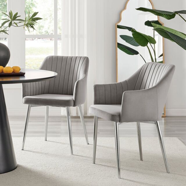 FurnitureboxUK Set of 2 Calla Deep Padded Dining Chairs Upholstered in Soft Velvet With Silver Chrome Legs in Grey - image 1