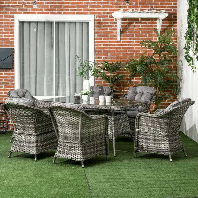 OUTSUNNY 7 PCs Rattan Dining Sets, Outdoor Dining Set with Tempered Glass Umbrella Hole in Grey - image 1