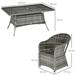 OUTSUNNY 7 PCs Rattan Dining Sets, Outdoor Dining Set with Tempered Glass Umbrella Hole in Grey - thumbnail 3