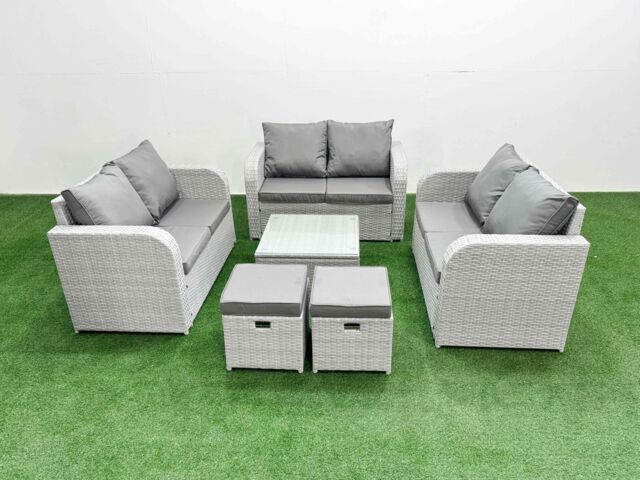 Fimous 8 Seater PE Wicker Rattan Furniture Sofa Sets with Square Coffee Table 2 Seater Love Sofa 2 Stool Light Grey - image 1