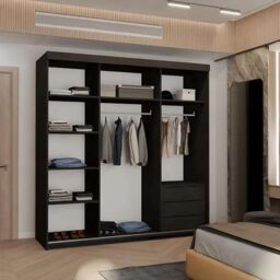 MN Furniture Sudan Sliding Mirror Wardrobe-LED Light W203cm x H217cm in Black - thumbnail 3