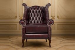 Somnior Leather Chesterfield Wingback Scrolled Arm Chair UK Manufactured in Dark Red - Size: 1 Seater - thumbnail 2