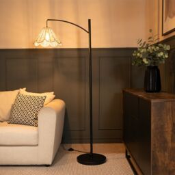 ValueLights Preto Black Metal Curved Floor Lamp With Flower Shade