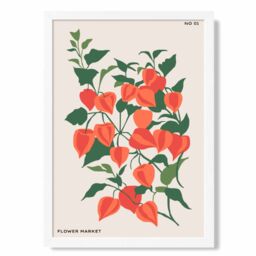 ARTZE Orange & Green Climbing Plant Flower Market Minimalist Framed Print SIZE: A4 with White Frame - thumbnail 1