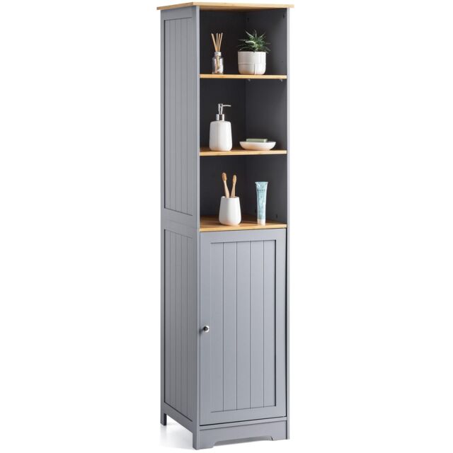 Christow Bathroom Shelf Cabinet Grey Bamboo Freestanding Tallboy Storage Unit - image 1
