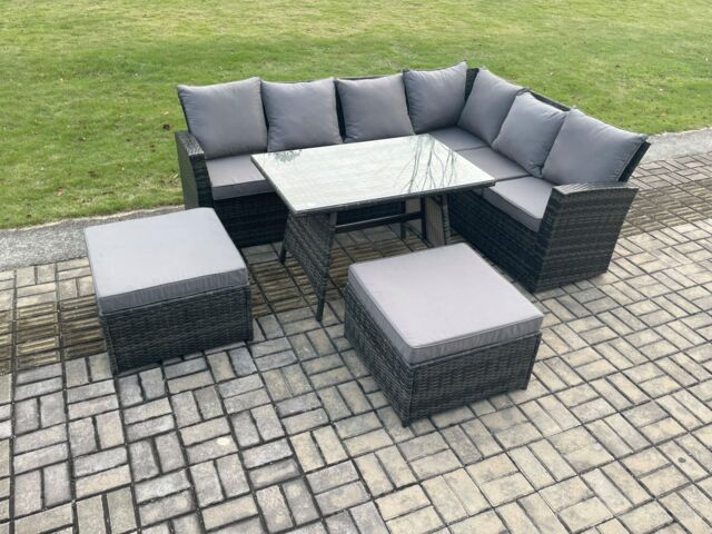 Fimous Outdoor Furniture Garden Dining Set Rattan Corner Sofa Set Rectangular Dining Table with Temper Glass 2 Big Footstool in Dark Grey - image 1