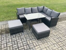 Fimous Outdoor Furniture Garden Dining Set Rattan Corner Sofa Set Rectangular Dining Table with Temper Glass 2 Big Footstool in Dark Grey - thumbnail 1