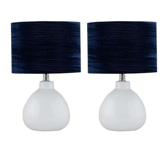 First Choice Lighting Set of 2 Tuscan - White Ceramic Lamps with Navy Crushed Velvet Shade - image 1