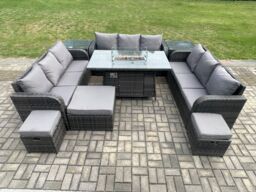 Fimous Outdoor Rattan Furniture Garden Dining Set Gas Fire Pit Table With 2 Side Tables Lounge Sofa 3 Footstool in Dark Grey - thumbnail 1