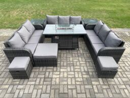 Fimous Outdoor Rattan Furniture Garden Dining Set Gas Fire Pit Table With 2 Side Tables Lounge Sofa 3 Footstool in Dark Grey - thumbnail 3