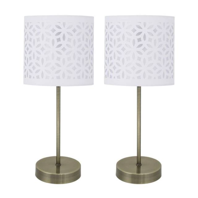 First Choice Lighting Set of 2 Antique Brass Stick Table Lamps with White Laser Cut Shades in Bronze - image 1