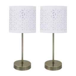 First Choice Lighting Set of 2 Antique Brass Stick Table Lamps with White Laser Cut Shades in Bronze