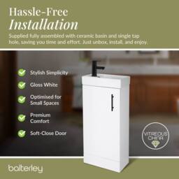 Balterley Wall Hung Vanity Basin 400mm Gloss White & Matt Black Handle - thumbnail 7