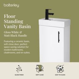 Balterley Wall Hung Vanity Basin 400mm Gloss White & Matt Black Handle - thumbnail 2