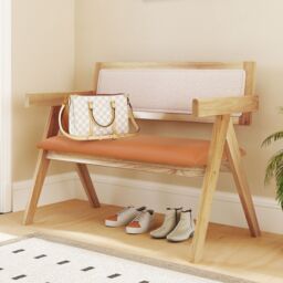 Gymax Wooden Dining Bench With Sherpa Upholstered Backrest Padded Seat in Light Khaki - thumbnail 4