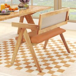 Gymax Wooden Dining Bench With Sherpa Upholstered Backrest Padded Seat in Light Khaki - thumbnail 5