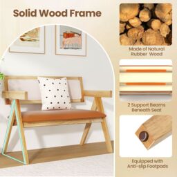 Gymax Wooden Dining Bench With Sherpa Upholstered Backrest Padded Seat in Light Khaki - thumbnail 8