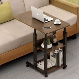 Living and Home 3-tier Height Adjustable Mobile Table Overbed Desk with Wheels in Brown - thumbnail 4