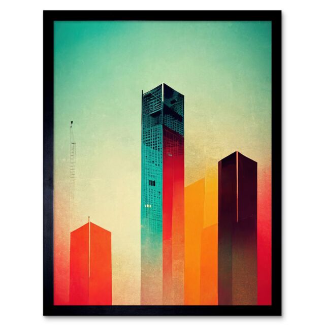 "Artery8 Wall Art Print Tower Block Skyscrapers Minimalist Skyline Graphic Design Art Framed in Black - Size: W12"" x H16""" - image 1