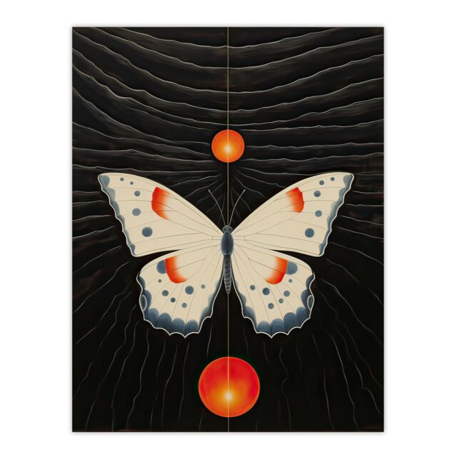 "Artery8 Wall Art Print Chaos Theory Hilma af Klint Inspired Butterfly & Two Suns White Orange Grey Oil Painting Poster in Black - Size: W12"" x H16""" - image 1