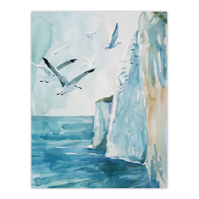 "Artery8 White Cliffs of Dover England Seagulls Coastal Wall Art Print in Blue - Size: W12"" x H16""" - image 1