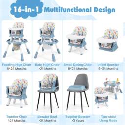 Gymax 16-in-1 Convertible High Chair Table & Chair Set With Removable Tray in Blue - thumbnail 4
