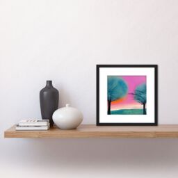 Artery8 Sunset Tree Silhouette Landscape Modern Abstract Pastel Pink Teal Orange Watercolour Painting Square Wooden Framed Wall Art Print Picture 8X8 - thumbnail 2