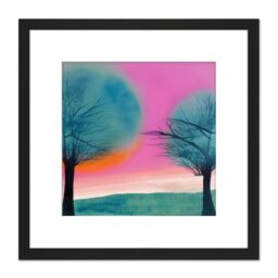 Artery8 Sunset Tree Silhouette Landscape Modern Abstract Pastel Pink Teal Orange Watercolour Painting Square Wooden Framed Wall Art Print Picture 8X8 - thumbnail 1