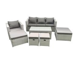 Fimous Rattan Garden Furniture Set Outdoor Lounger Sofa with Coffee Table 4 Footstools Light Grey Mixed - thumbnail 1
