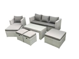 Fimous Rattan Garden Furniture Set Outdoor Lounger Sofa with Coffee Table 4 Footstools Light Grey Mixed - thumbnail 2