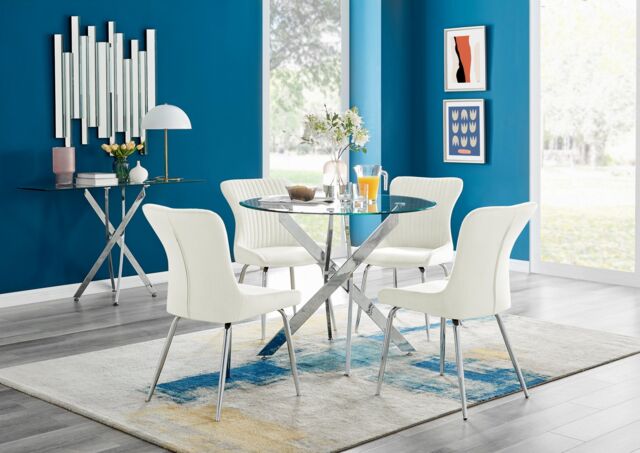 FurnitureboxUK Novara Round Glass Dining Table & 4 Nora Silver Leg Chairs in Cream - image 1