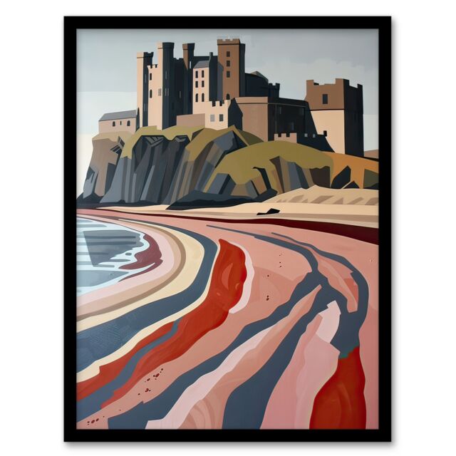 Artery8 Bamburgh Castle Block Print Artwork Northumbria Framed Art Print - Size: A4 - image 1