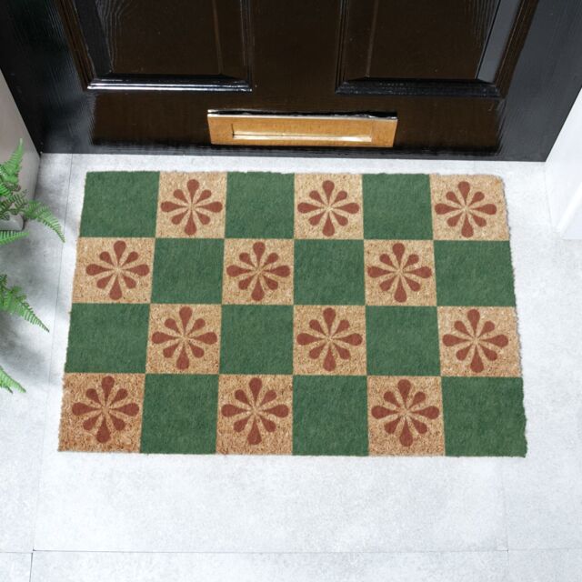 Artsy Mats Green Petal Checkerboard Coir Doormat (60 x 40cm) in Brown - Size: 40 cm x 60 cm - image 1