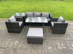 Fimous 6 Seater Wicker Rattan Outdoor Furniture Garden Dining Set with Sofa Oblong Dining Table 2 Armchairs Stool in Dark Grey - thumbnail 1