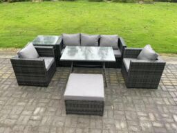 Fimous 6 Seater Wicker Rattan Outdoor Furniture Garden Dining Set with Sofa Oblong Dining Table 2 Armchairs Stool in Dark Grey - thumbnail 2