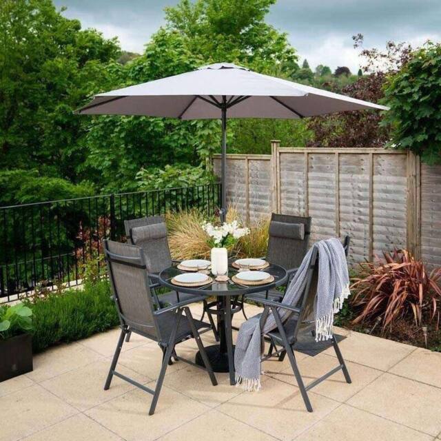 Hectare 4 Seater Dining Set With Parasol Reclining Chairs Glass Table In Grey - image 1