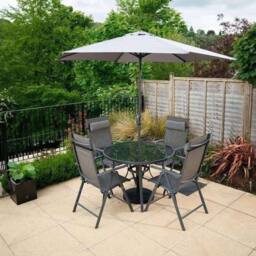 Hectare 4 Seater Dining Set With Parasol Reclining Chairs Glass Table In Grey - thumbnail 2