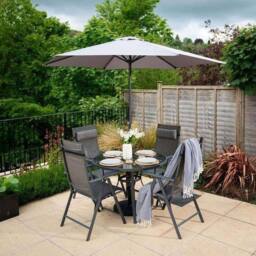 Hectare 4 Seater Dining Set With Parasol Reclining Chairs Glass Table In Grey - thumbnail 1